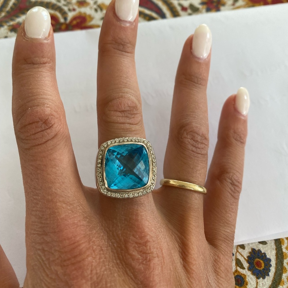 David Yurman Albion 20mm Blue Topaz Diamond Silver Cocktail Ring Band Size 7